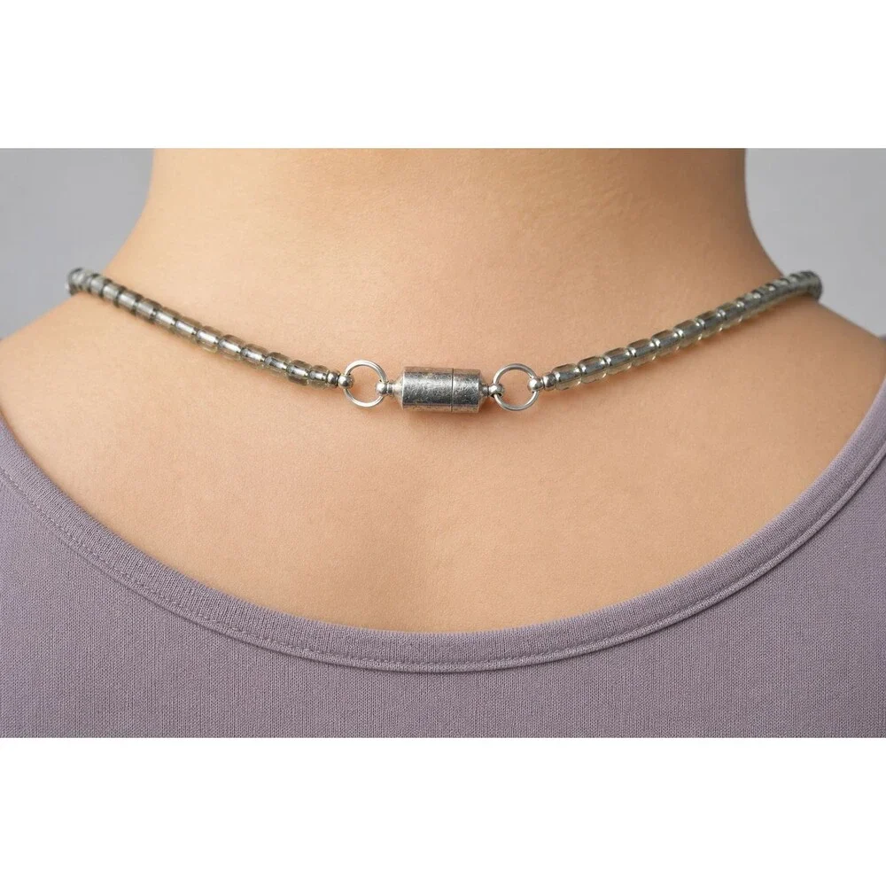 Silver Gray Beaded ID Badge Holder Lanyard 32 Inch Magnetic Clasp Clip